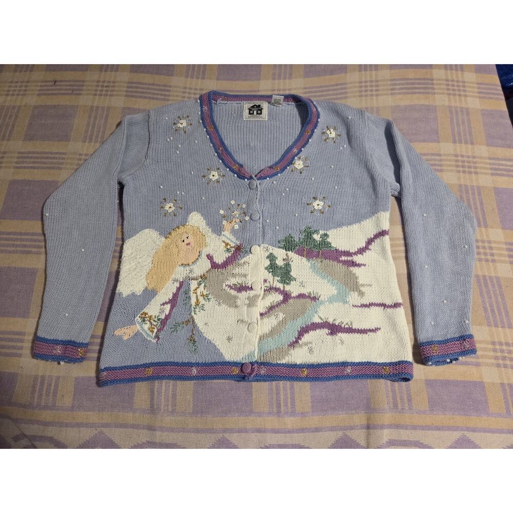 Vtg Storybook Knit Cardigan Sweater Embroidered Angel Womens Size Medium 90s Y2k